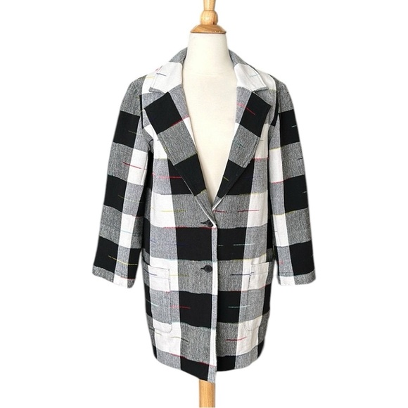 THE ODELLS Anthropologie Cairo Plaid Jacket Black White Mid Length Size Small - Picture 1 of 16